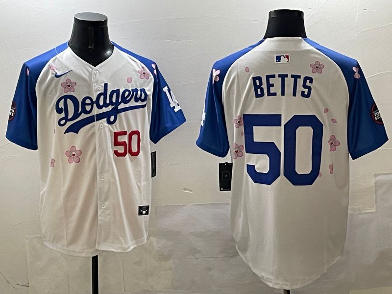 Men Los Angeles Dodgers 50 Betts White Blue Sakura Edition 2025 Nike MLB Jersey style 6